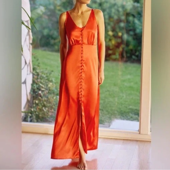 Anthropologie NEW Red Satin Button Front Slip Dress - Picture 8 of 8